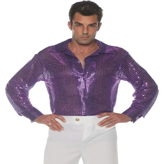 Men's 70s Purple Sequin Disco Costume Shirt {1}