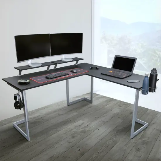 Techni Office Solutions 63" Black and White Unique Techni Sport Warrior L-Shaped Computer Gaming Desk {6}