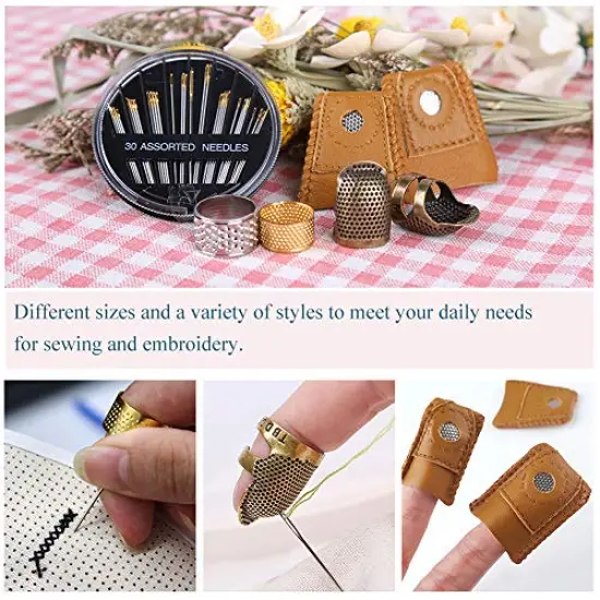 8 Pcs Sewing Thimble + 30 Pcs Sewing Needles, Finger Protector Fingertip Thimble Adjustable Metal Bronze Sewing Thimble Rings and Leather Coin Thimble for Needlework, Hand Embroidery Craft {3}