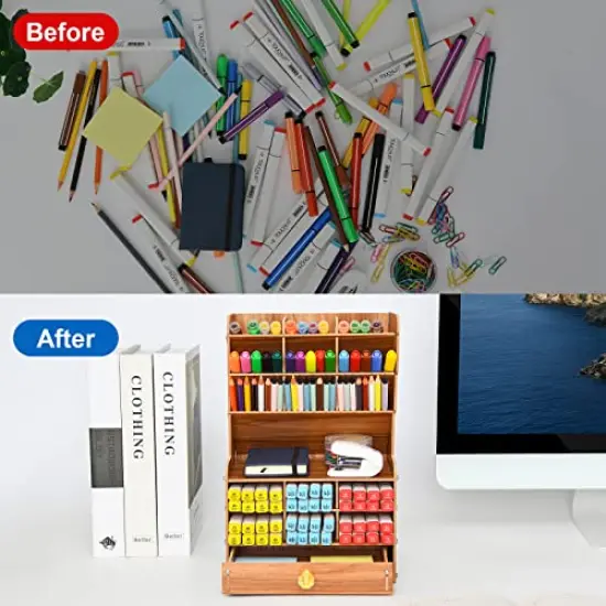 Wooden Pen Organizer, Multi-Functional DIY Pen Holder Box, Desktop Stationary, Easy Assembly, Home Office Art Supplies Organizer Storage with Drawer (B16-Cherry Color) {4}