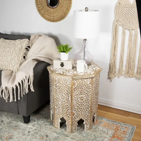 Northlight 24" Antique Brushed White Carved Octagonal Side Table {3}