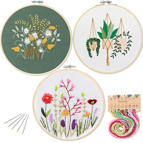 3 Pack Embroidery Starter Kit with Pattern, Kissbuty Full Range of Stamped Embroidery Kit Including Embroidery Fabric with Pattern, Bamboo Embroidery Hoops, Color Threads and Tools Kit (Floral Plants) {2}