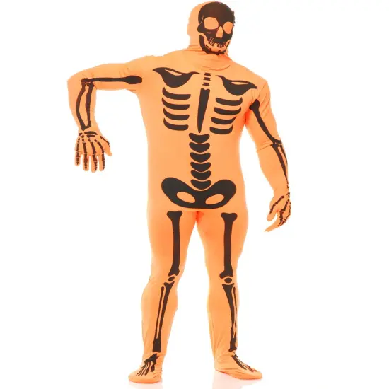 Adult Men's Orange Black Halloween Skeleton Bodysuit Costume {1}