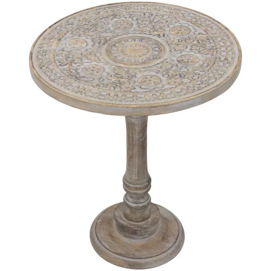 Northlight 21" Antique Gray Carved Floral Round Pedestal Side Table {1}