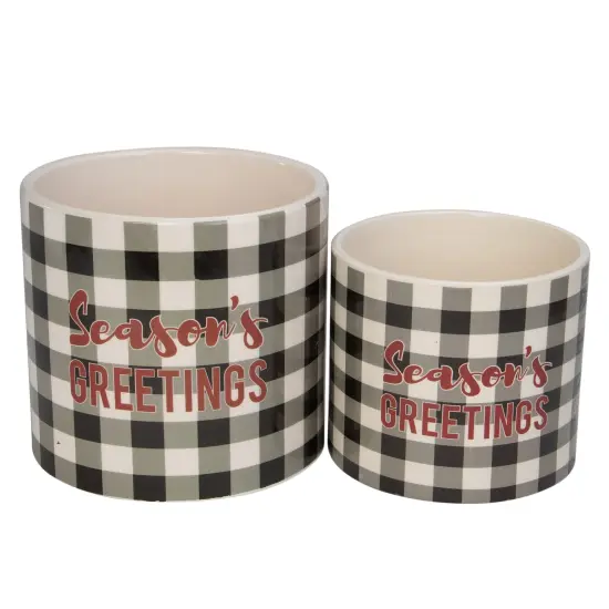 Melrose Set of 4 White and Black Holiday Slogan Printed Christmas Pots 6" {4}