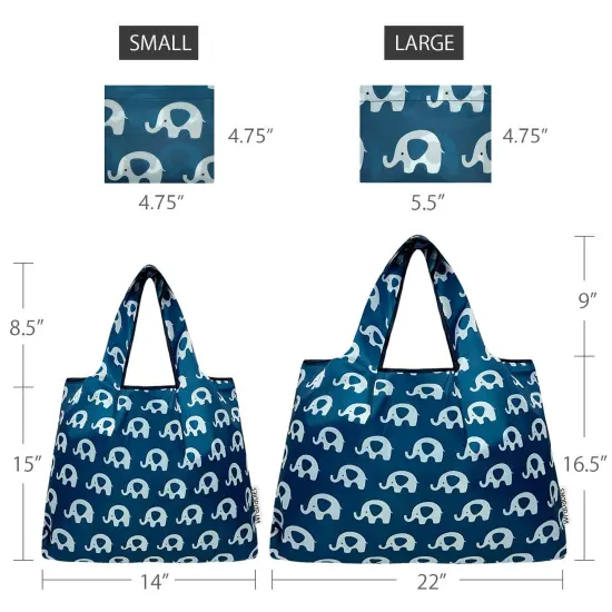 Wrapables Large & Small Foldable Tote Nylon Reusable Grocery Bags, Set of 2, Happy Elephants {2}