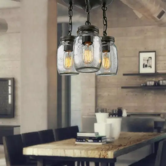 Farmhouse Chandelier Mason Jar Hanging Pendant Loft Light Ceiling Lamp 3-Lights {2}