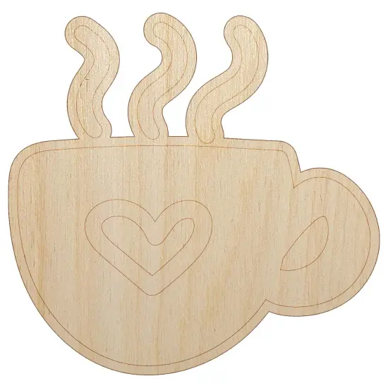 Steaming Hot Coffee Mug Cup with Heart Unfinished Wood Shape Piece Cutout for DIY Craft Projects {7}