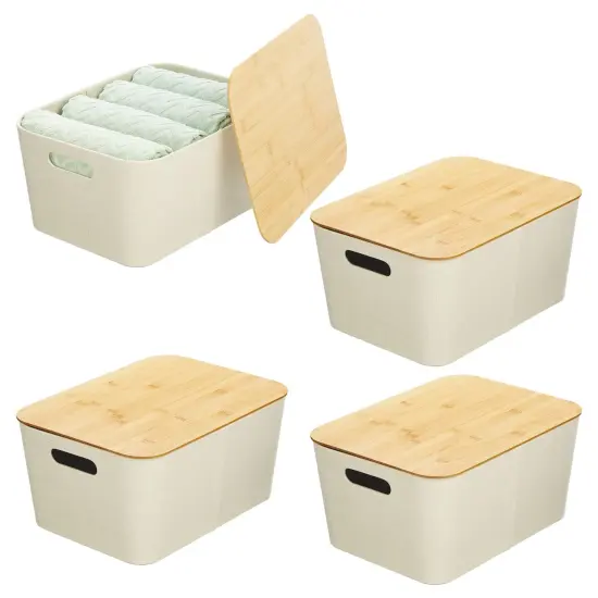 mDesign 10" Soft Fabric Stacking Storage Bin Box and Bamboo Lid Cover, 4 Pack {1}