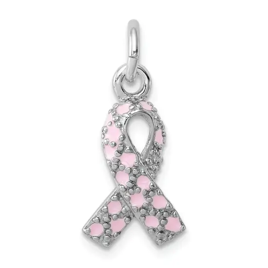 Sterling Silver Enameled Pink Ribbon Charm Pendant Jewerly 21mm x 10mm {1}