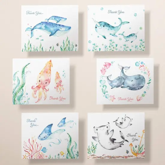 Baby Shower Thank You Cards | Blank Ocean Animal Greeting Cards | Eco Friendly | Assorted 12, 24 Set With Envelopes {4}