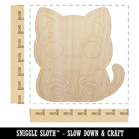 Content Kawaii Chibi Sitting Cat with Ball of Yarn Unfinished Wood Shape Piece Cutout for DIY Craft Projects {1}