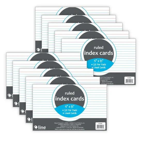 Index Cards, 5" x 8", White, Ruled, 25 Per Pack, 10 Packs {1}