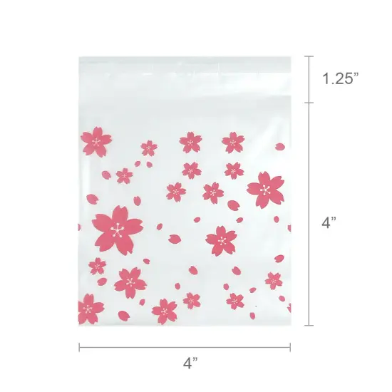 Wrapables Transparent Self-Adhesive 4" x 4" Candy and Cookie Bags, Favor Treat Bags for Parties and Wedding (200pcs) Cherry Blossoms {4}