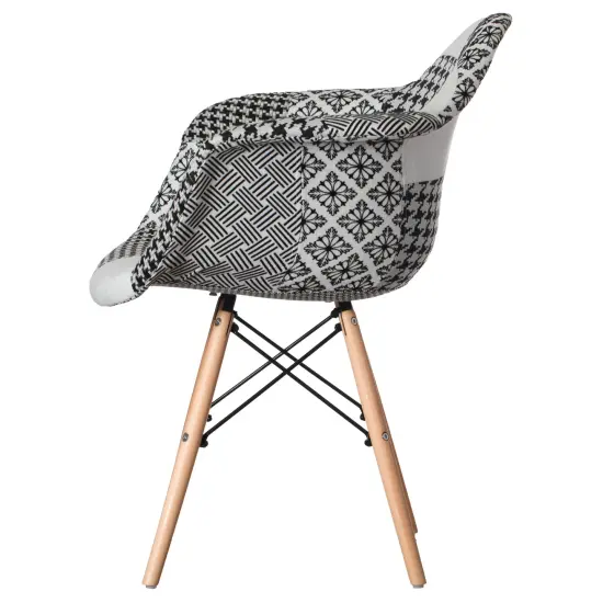 Mid-Century Modern Style Fabric Lined Armchair with Beech Wooden Legs Black & White 2 Set {3}