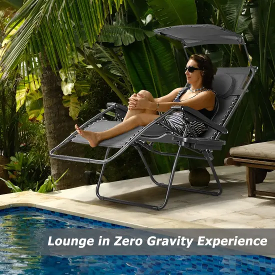 Folding Recliner Lounge Chair with Shade Canopy Cup Holder Black {3}