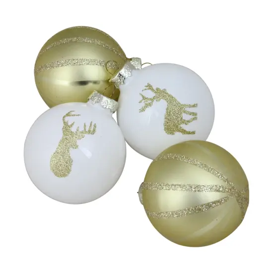 Northlight Reindeer and Striped Christmas Glass Ball Ornaments - 2.75" (69mm) - Gold and White - 4pc {1}