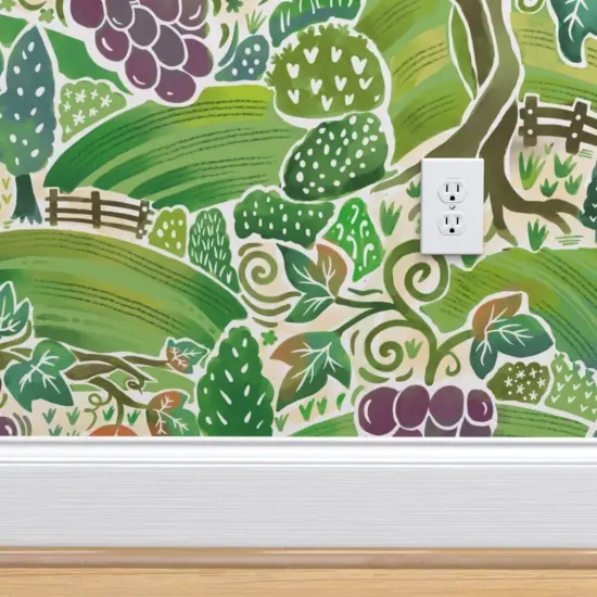 Pre-Pasted Wallpaper 2FT Wide Green Countryside Grapes Italy Vineyard Tuscany Meadows Farmland Farms Red Wine Purple Large Scale Custom Pre-pasted Wallpaper by Spoonflower {4}