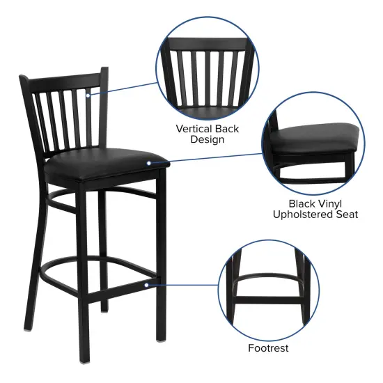 Emma and Oliver Vertical Back Metal Restaurant Dining Barstool BlackVYL/BlackMetal {2}