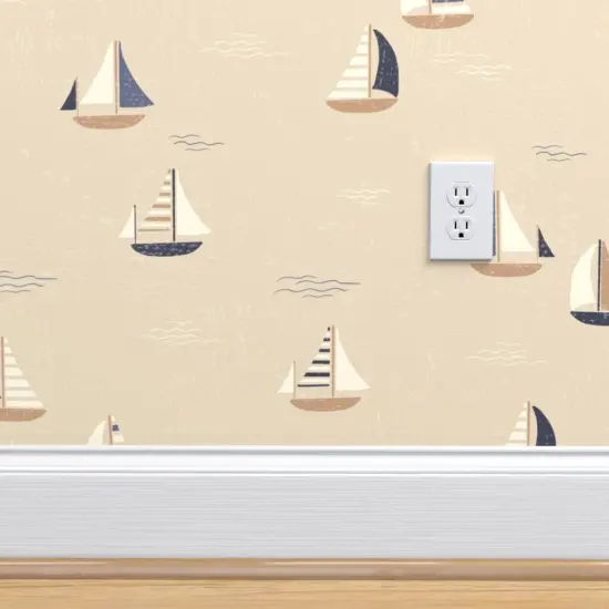 Pre-Pasted Wallpaper 2FT Wide Beige Boats Nautical Sailing Gender Neutral Coastal Seaside Country Style Cottagecore Chic Beach Large Scale Custom Pre-pasted Wallpaper by Spoonflower {4}