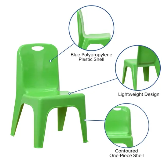 Emma and Oliver 2 Pack Plastic Stackable School Chair with Carrying Handle and 11"H Seat Green {3}