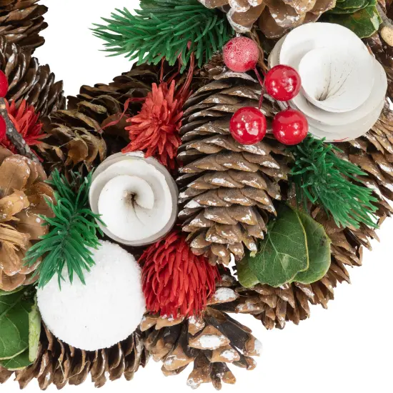 Northlight White Wooden Rose, Pine Cone and Berry Artificial Christmas Wreath, 10-Inch, Unlit Brown {6}