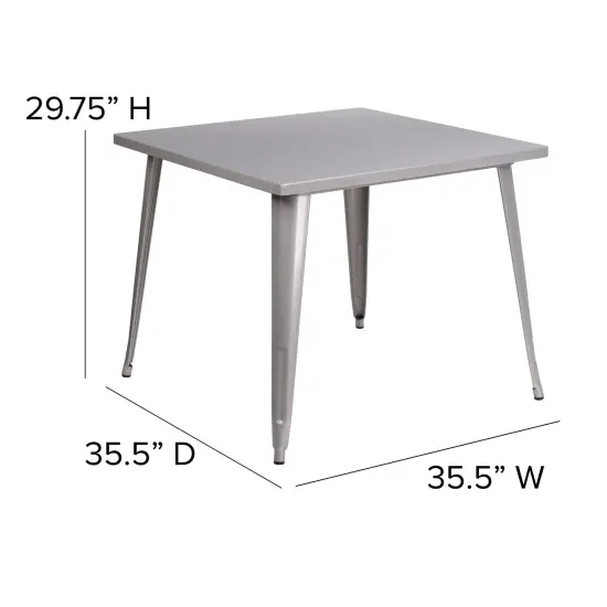 Merrick Lane Adana 35.5" Square Metal Dining Table for Indoor and Outdoor Use Silver {5}