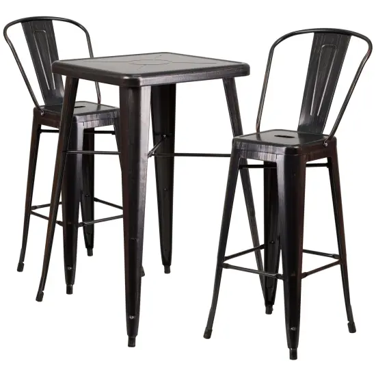 Emma and Oliver Commercial Grade 23.75" Square Metal Indoor-Outdoor Bar Table Set, 2 Back Stools Black-Antique Gold {1}