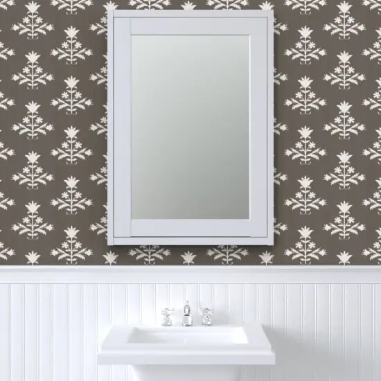 Pre-Pasted Wallpaper 2FT Wide Block Print Floral Tulip Traditional Bohemian Ikat Gray Brown Neutral Custom Pre-pasted Wallpaper by Spoonflower {6}