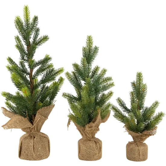 Northlight Mini Christmas Pine Artificial Christmas Trees with Burlap Base - 18" - Set of 3 Green {1}