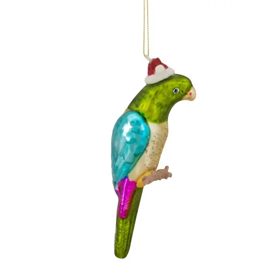 Northlight 6.25" Green and Blue Parrot in a Santa Hat Glass Christmas Ornament {6}