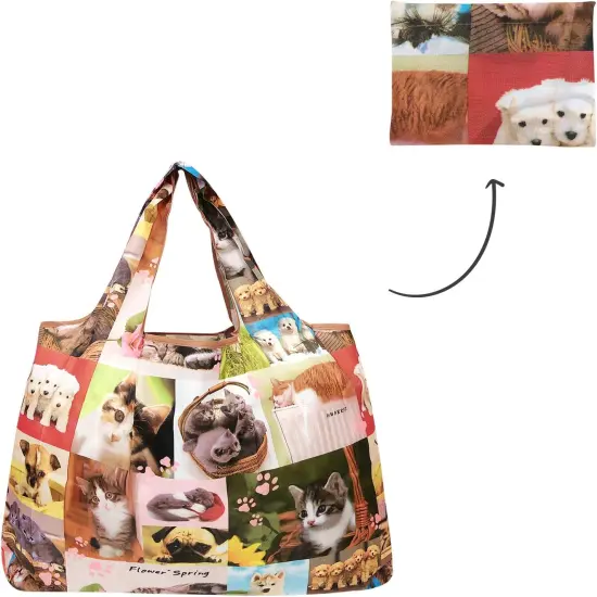 Wrapables Large Foldable Tote Nylon Reusable Grocery Bag, 3 Pack Kitties & Puppies {5}