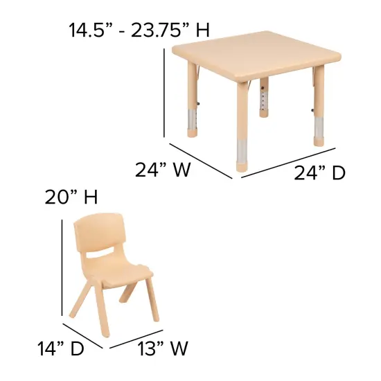 Emma and Oliver 24" Square Plastic Height Adjustable Activity Table Set with 4 Chairs Natural {5}