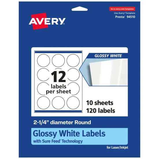 Avery Glossy White Round Labels with Sure Feed, 2.25" Diameter {7}
