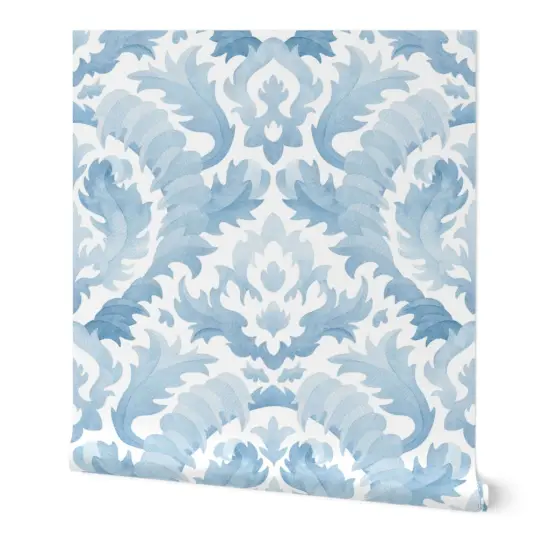 Peel & Stick Wallpaper 2FT Wide Watercolor Damask Botanical Floral Light Blue Monochrome Classic Baroque Acanthus Leaf Custom Removable Wallpaper by Spoonflower {7}