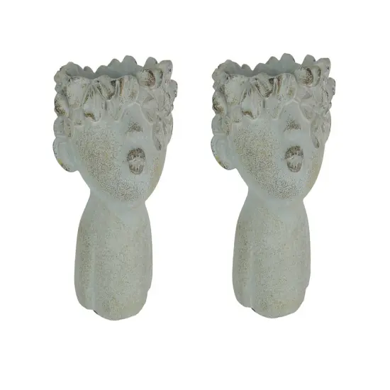 Set of 2 Pucker Up Junior Kissing Face Weathered Finish Concrete Head Planter {1}