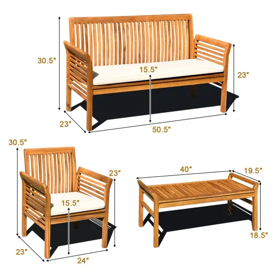 Costway 4 PCS Outdoor Acacia Wood Sofa Furniture Set Cushioned Chair Coffee Table Garden {3}