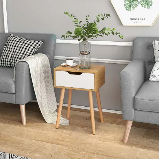 Costway Nightstand End Side Sofa Table Storage Drawer Living Room with Solid Wood Leg {2}