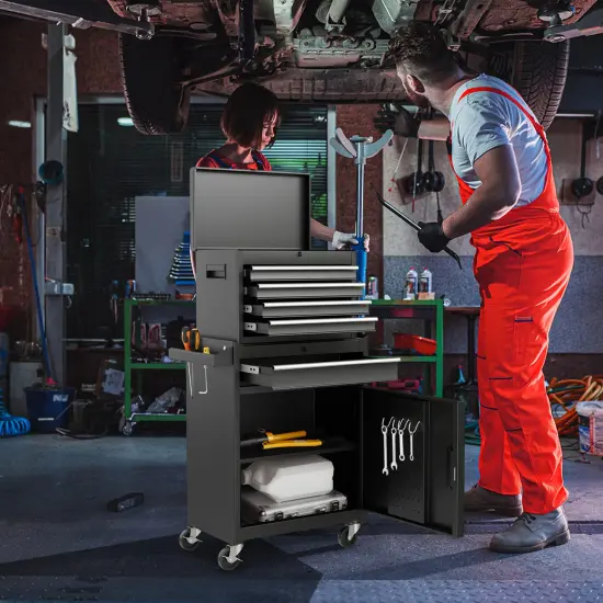 2-in-1 Tool Chest Cabinet with 5 Sliding Drawers and 4 Universal Wheels Perfect for Garage or Workshop Black {2}