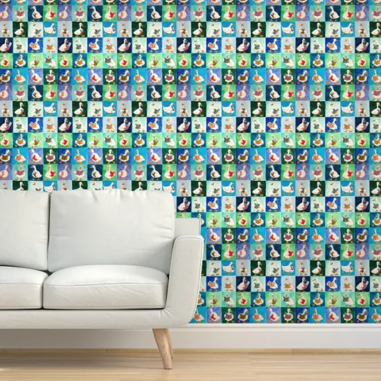 Pre-Pasted Wallpaper 2FT Wide Blue Birds Animals Whimsical Books Ducks Watercolor Book Covers Reading Group Duck Readers Library Lover Large Scale Custom Pre-pasted Wallpaper by Spoonflower {5}