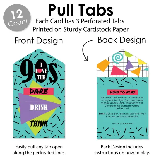Big Dot of Happiness 90's Throwback - 1990s Party Game Pickle Cards - Dare, Drink, Think Pull Tabs - Set of 12 {4}
