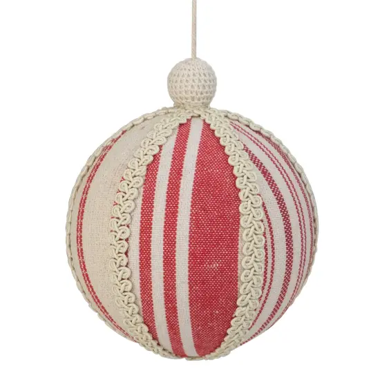 Northlight 6" White and Red Striped Ball Christmas Ornament with Rope Accent {1}