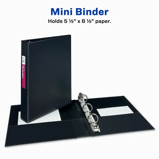 Avery Mini Durable 3 Ring Binder, 1" Round Rings, Holds 5-1/2" x 8-1/2" Paper, Label Holder, 1 Black Binder (27257) {6}