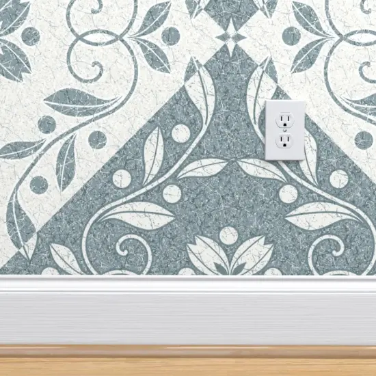 Pre-Pasted Wallpaper 2FT Wide Flowers Leaves Swirls Tiles Damask Botanical Floral Checkers Blue Gray Olive Branches Faux Marble Large Scale Custom Pre-pasted Wallpaper by Spoonflower {4}