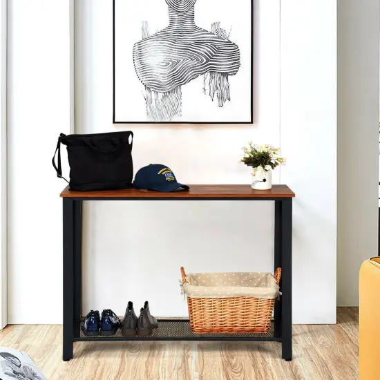 Metal Frame Wood Console Sofa Table with Storage Shelf Black {2}