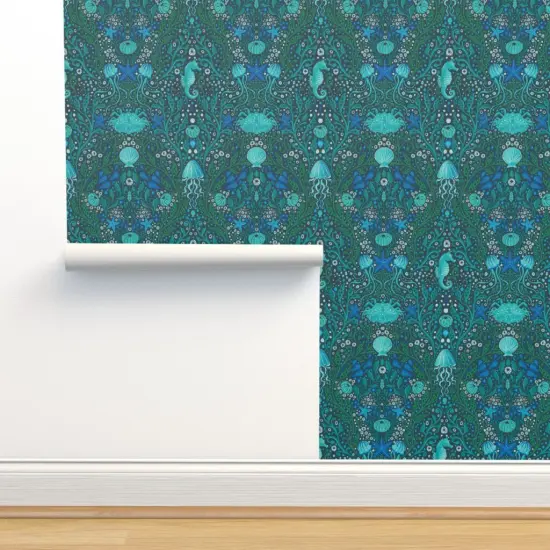 Peel & Stick Wallpaper 2FT Wide Blue Small Scale Ocean Aquatic Life Seahorses Seaweed Aqua Water Beach Coastal Jellyfish Sea Urchin Custom Removable Wallpaper by Spoonflower {2}