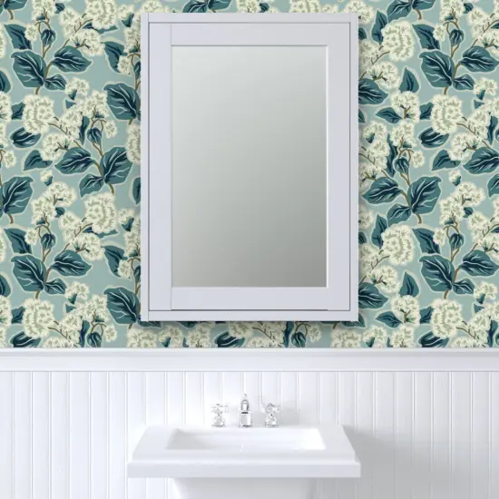 Pre-Pasted Wallpaper 2FT Wide Farmhouse Floral Blue Botanical Traditional Transitional Cottage Custom Pre-pasted Wallpaper by Spoonflower {6}