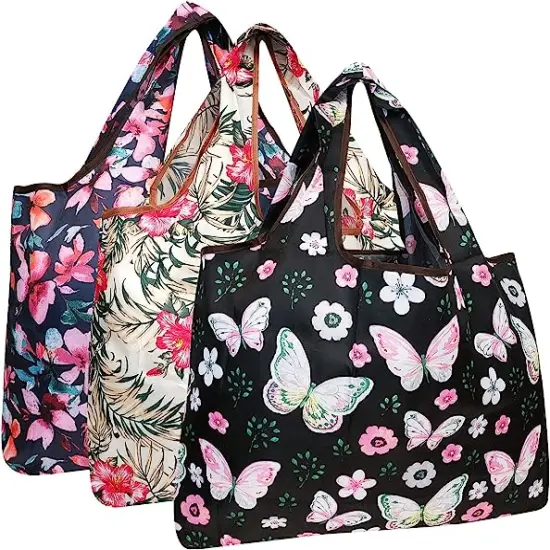 Wrapables Large Foldable Tote Nylon Reusable Grocery Bag, 3 Pack Tropical Beauty {1}