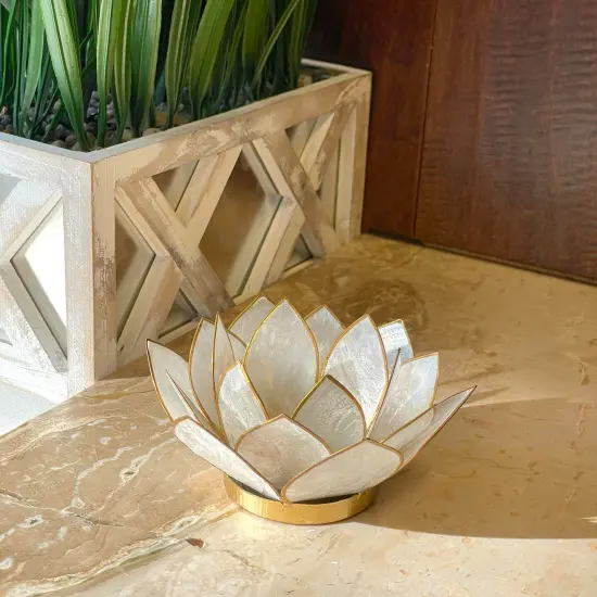 White Capiz Shell Lotus Flower Small Tealight Candle Holder Set of 3 {5}