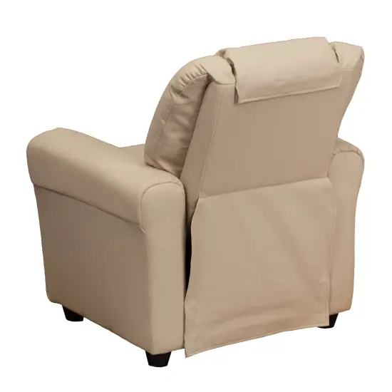 Emma and Oliver Contemporary Kids Recliner with Cup Holder and Headrest Beige Vinyl {3}